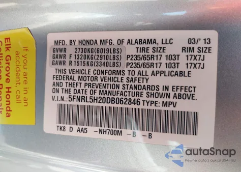 2013 Honda Odyssey Lx z USA, uszkodzony, nr VIN 5FNRL5H20DB062846